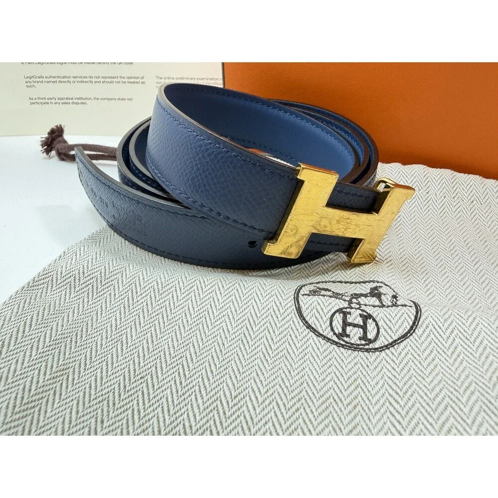Authentic HERMES H Logo Reversible Belt Strap Blue Gold Tone Buckle Kit 85